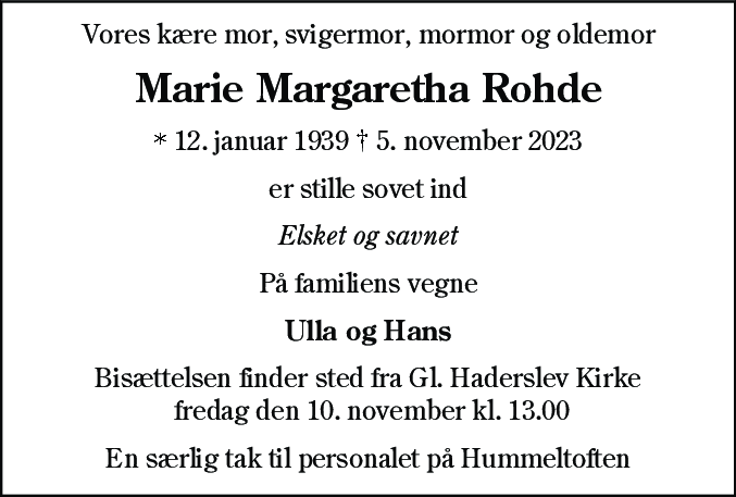 Dødsannonce for Marie Margaretha Rohde