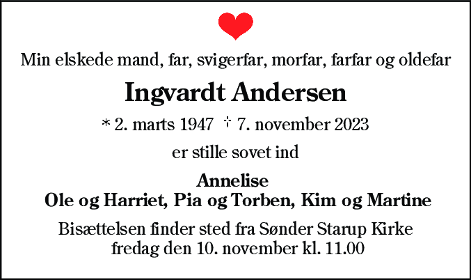 Dødsannonce for Ingvardt Bernhard Andersen