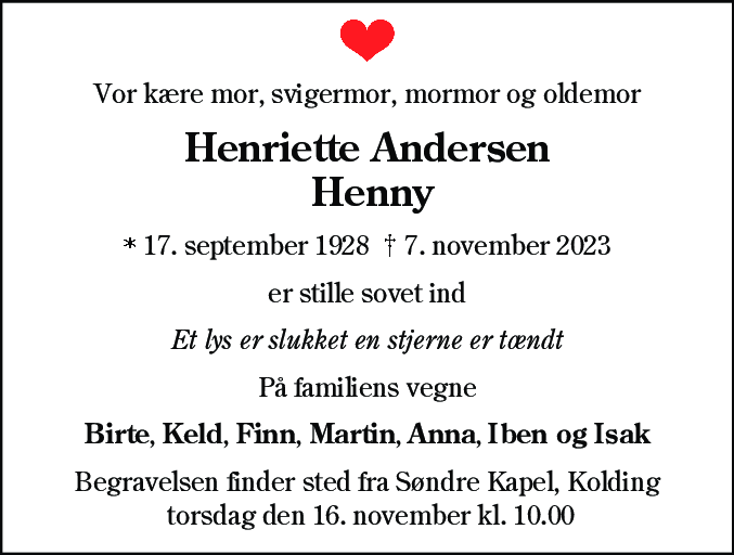 Dødsannonce for Henriette Andersen