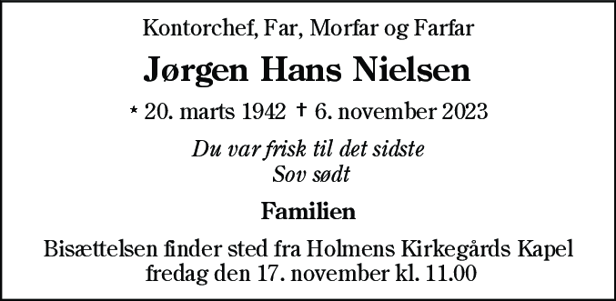 Dødsannonce for Jørgen Hans Nielsen