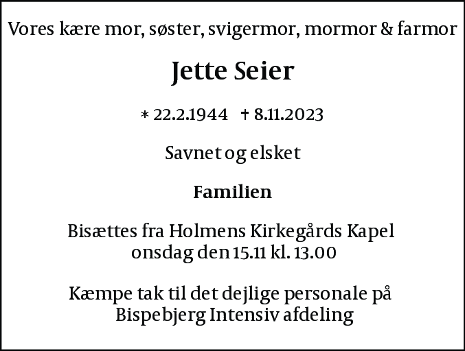 Dødsannonce for Jette Seier