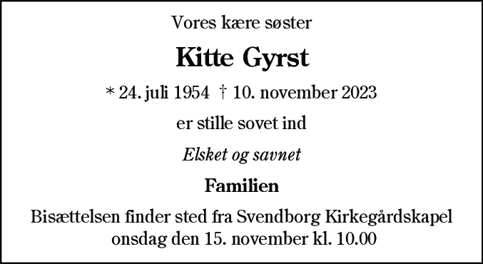 Dødsannonce for Kirsten Anette Gyrst