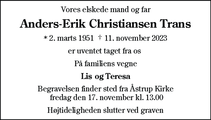 Dødsannonce for Anders-Erik Christiansen Trans