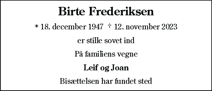Dødsannonce for Birte Frederiksen