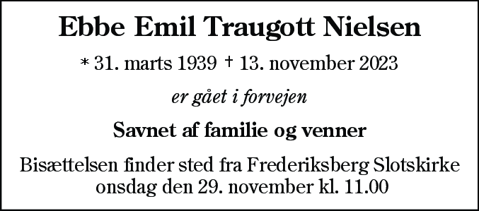 Dødsannonce for Ebbe Emil Traugott Nielsen
