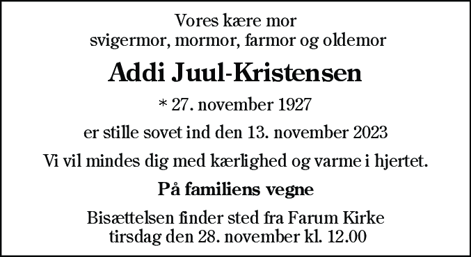Dødsannonce for Addi Juul-Kristensen