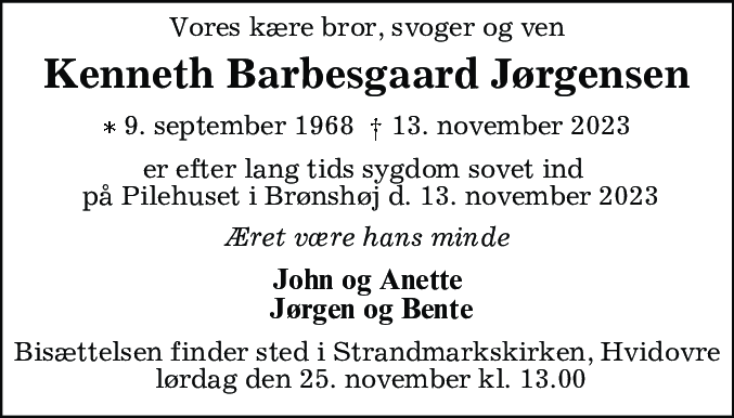 Dødsannonce for Kenneth Barbesgaard Jørgensen