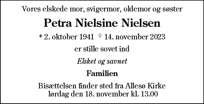 Dødsannonce for Petra Nielsine Nielsen