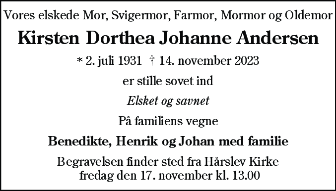 Dødsannonce for Kirsten Dorthea Johanne Andersen