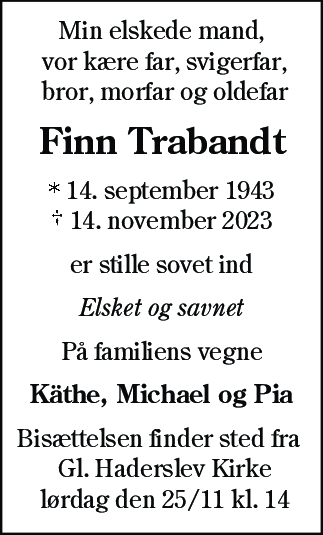 Dødsannonce for Finn Trabandt
