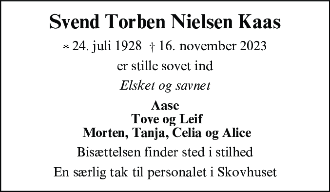 Dødsannonce for Svend Torben Nielsen Kaas