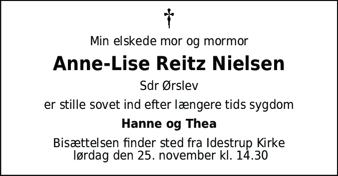 Dødsannonce for Anne-Lise Reitz Nielsen
