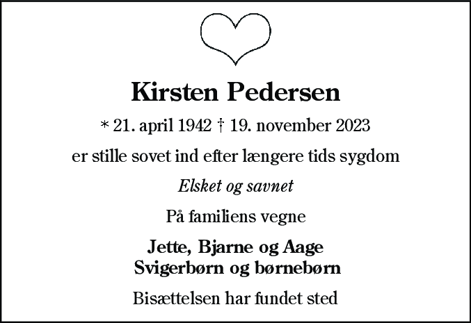 Dødsannonce for Kirsten Pedersen