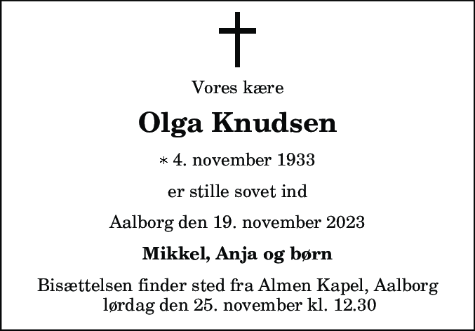 Dødsannonce for Olga Knudsen