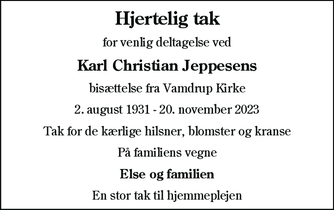 Dødsannonce for Karl Christian Jeppesen