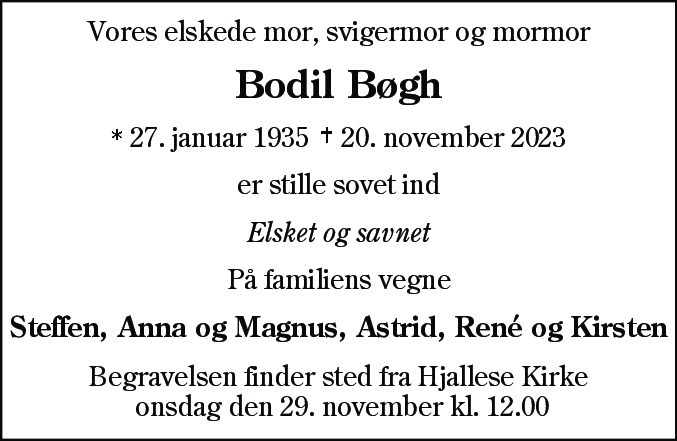 Dødsannonce for Bodil Bøgh