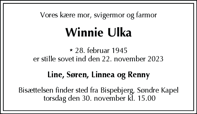 Dødsannonce for Winnie Irene Ulka