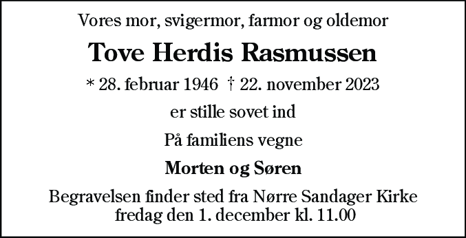 Dødsannonce for Tove Herdis Rasmussen