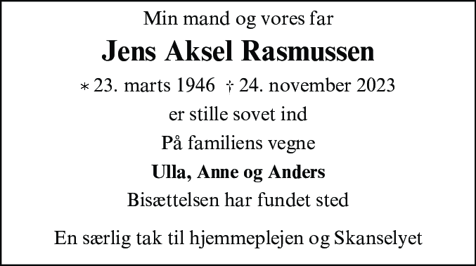Dødsannonce for Jens Aksel Rasmussen