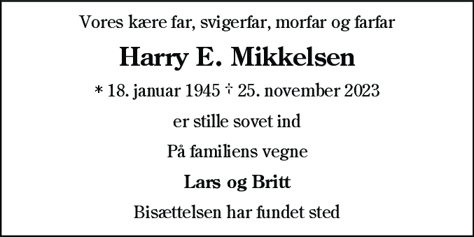 Dødsannonce for Harry Ejner Mikkelsen