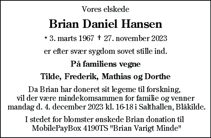 Dødsannonce for Brian Daniel Hansen