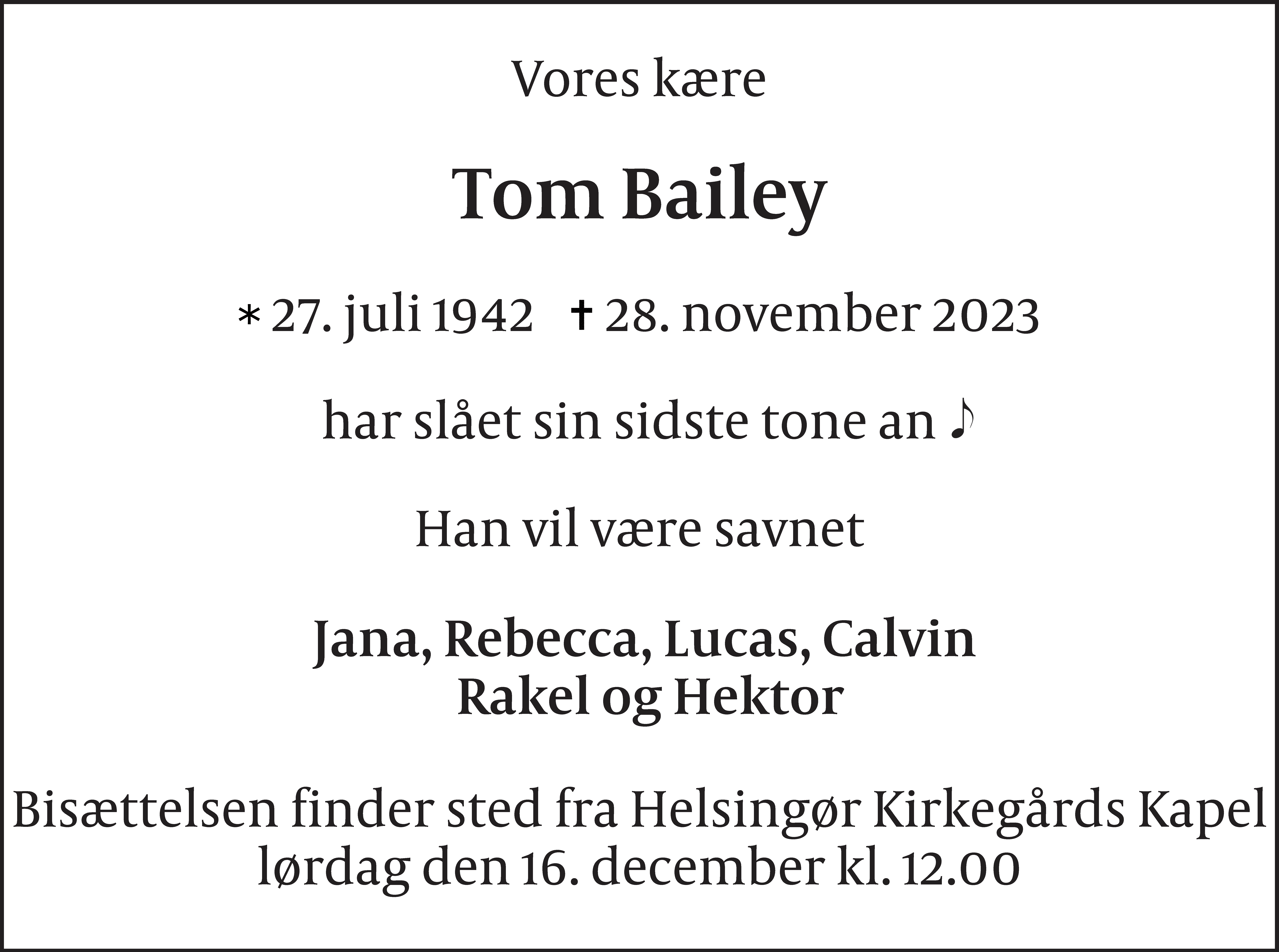 Dødsannonce for Thomas Bailey