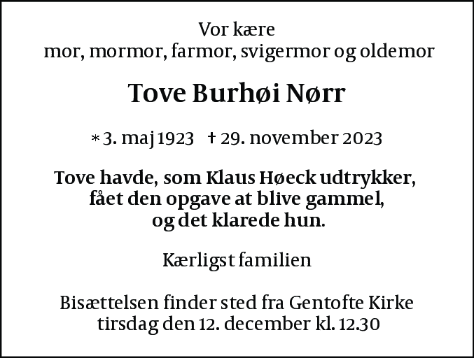 Dødsannonce for Tove Anna Nørr
