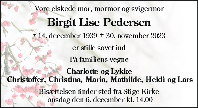 Dødsannonce for Birgit Lise Pedersen