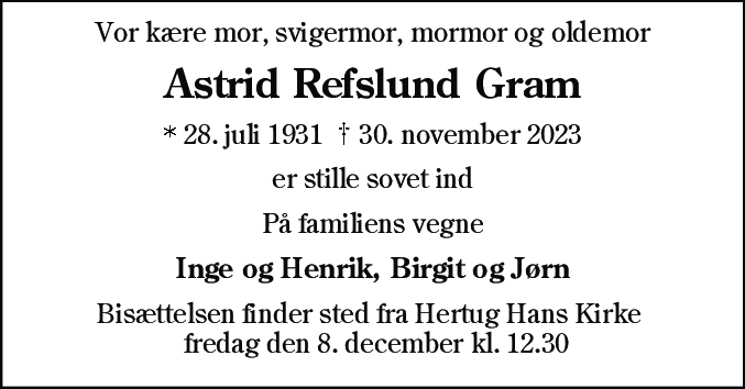 Dødsannonce for Astrid Refslund Gram
