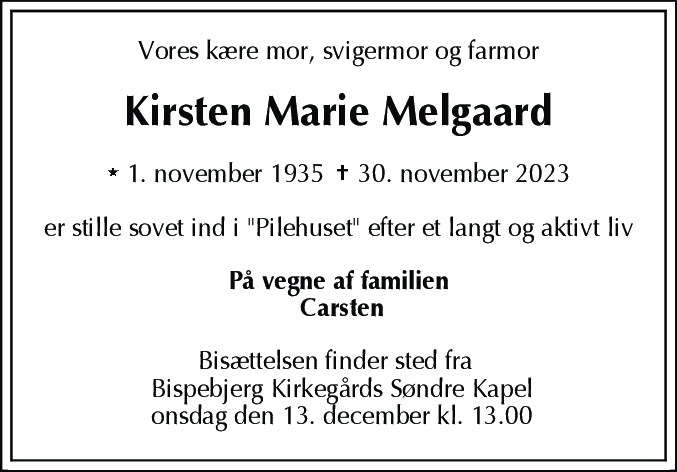 Dødsannonce for Kirsten Marie Melgaard