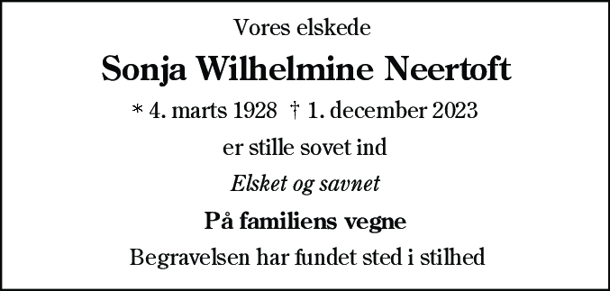 Dødsannonce for Sonja Wilhelmine Neertoft
