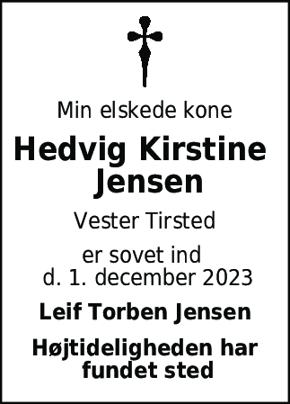 Dødsannonce for Hedvig Kirstine Jensen
