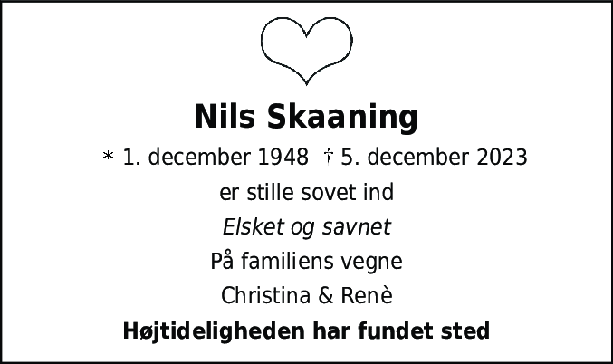 Dødsannonce for Nils Peter Skaaning