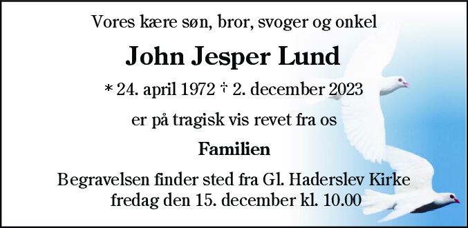 Dødsannonce for John Jesper Lund