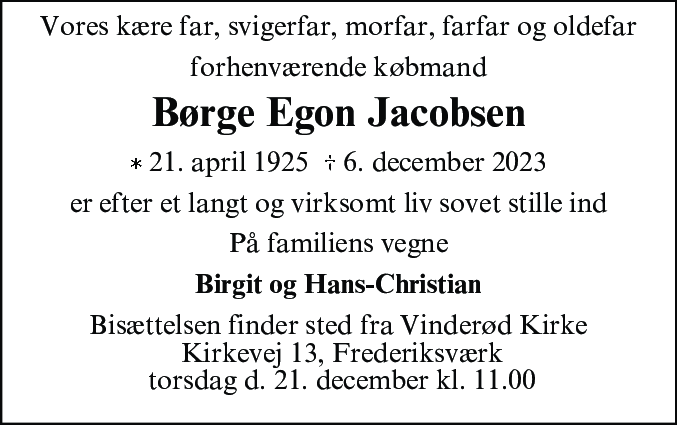 Dødsannonce for Børge Egon Jacobsen