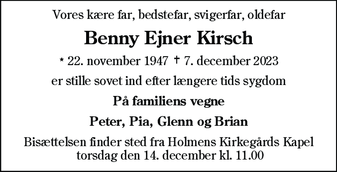 Dødsannonce for Benny Ejner Kirsch