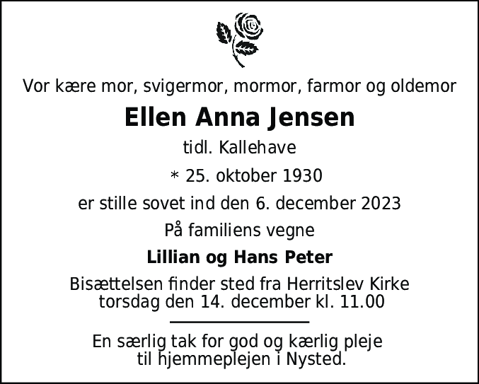 Dødsannonce for Ellen Anna Jensen