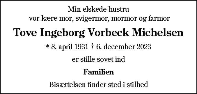 Dødsannonce for Tove Ingeborg Vorbeck Michelsen