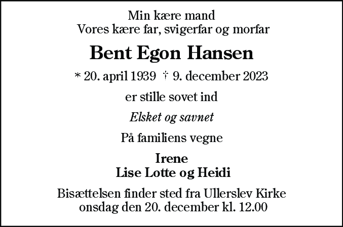 Dødsannonce for Bent Egon Hansen
