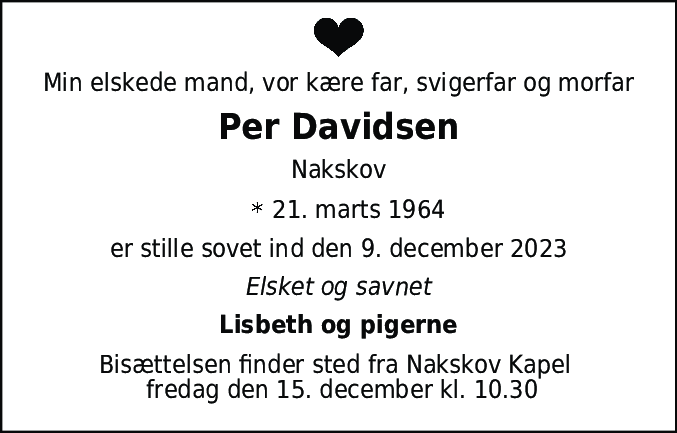 Dødsannonce for Per Davidsen