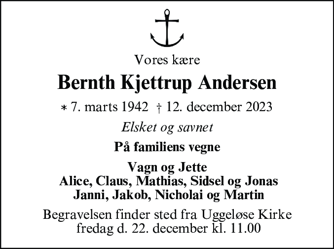 Dødsannonce for Bernth Kjettrup Andersen