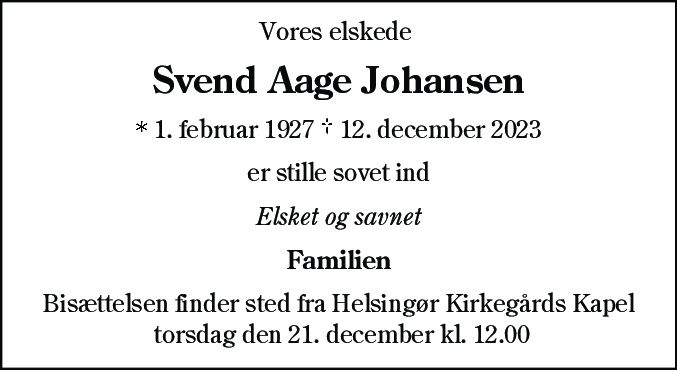 Dødsannonce for Svend Aage Johansen