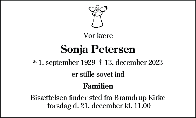 Dødsannonce for Sonja Pedersen
