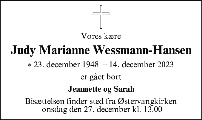 Dødsannonce for Judy Marianne Wessmann-Hansen