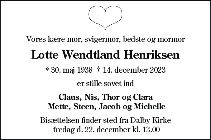 Dødsannonce for Lotte Wendtland Henriksen