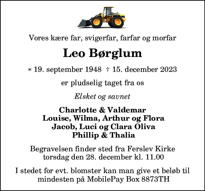 Dødsannonce for Leo Børglum