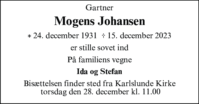 Dødsannonce for Mogens Johansen