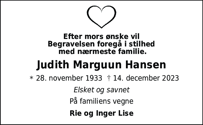 Dødsannonce for Judith Marguun Hansen