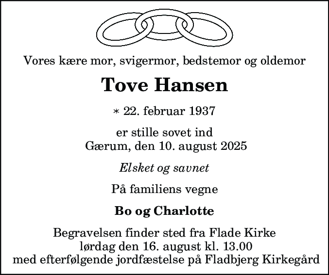 Dødsannonce for Tove Hansen