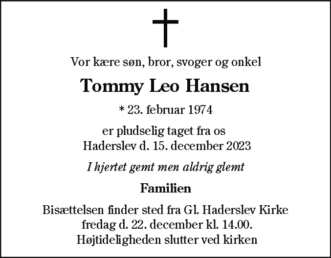 Dødsannonce for Tommy Leo Hansen